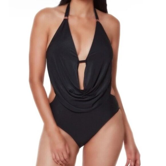 Bar III Cowl-Neck Monokini One-Piece Swimsuit Womens Size XS Black Halter Padded - Picture 2 of 8